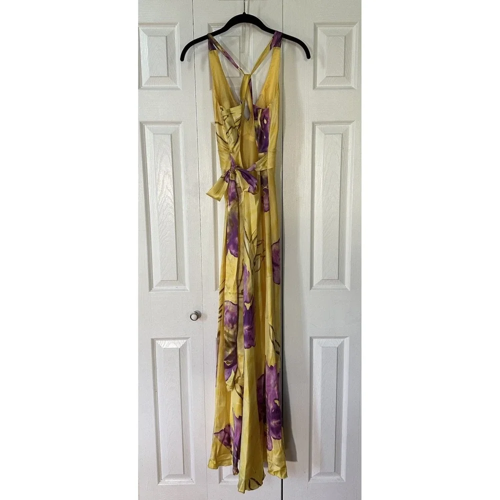 Vintage Cache Yellow Satin Halter Evening Formal Gown Floral Size 2 USA